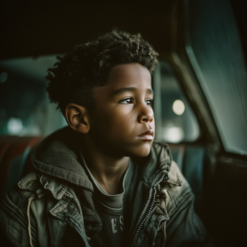 Ein Kind, das auf dem Rücksitz eines Autos aus dem Fenster schaut | Quelle: Midjourney