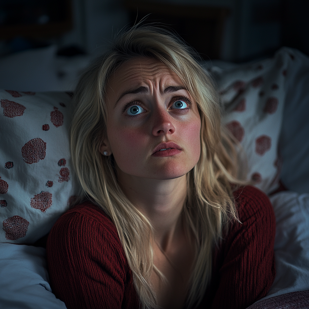 Eine aufgebrachte Frau liegt nachts wach im Bett | Quelle: Midjourney