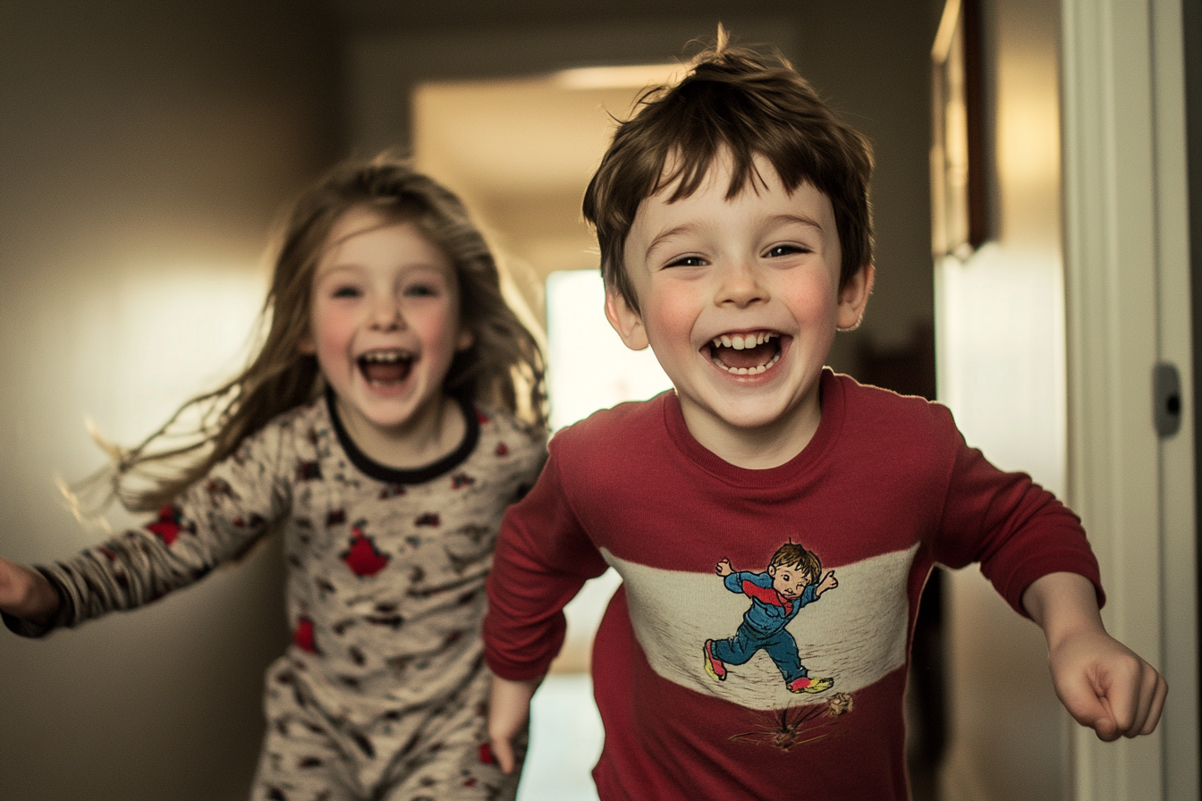 Zwei aufgeregte Kinder rennen durch einen Flur | Quelle: Midjourney