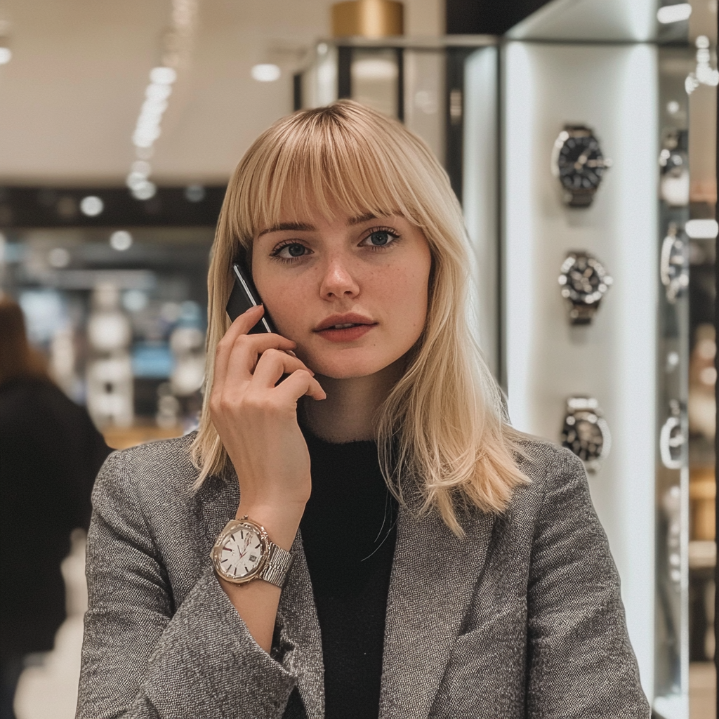 Eine Frau, die im Laden telefoniert | Quelle: Midjourney