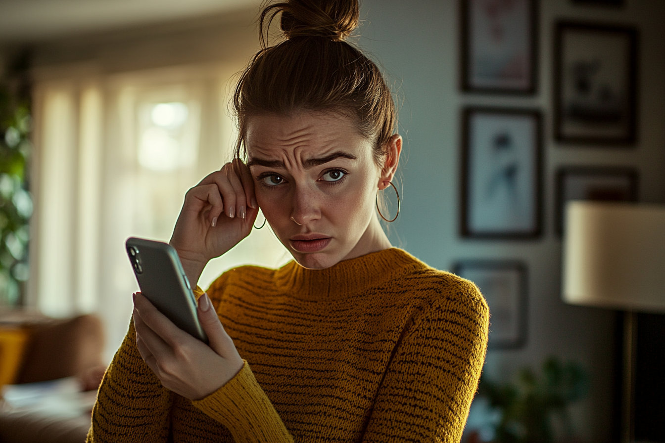 Eine verwirrte Frau, die ein Telefon hält | Quelle: Midjourney