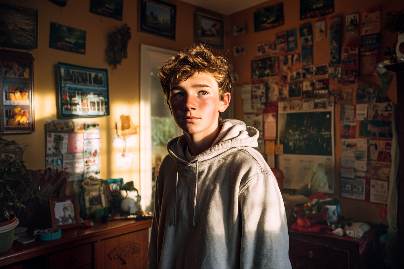 Ein Junge steht in seinem Zimmer | Quelle: Midjourney