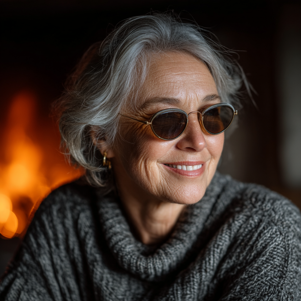 Eine glückliche Frau, die vor einem Kamin sitzt | Quelle: Midjourney