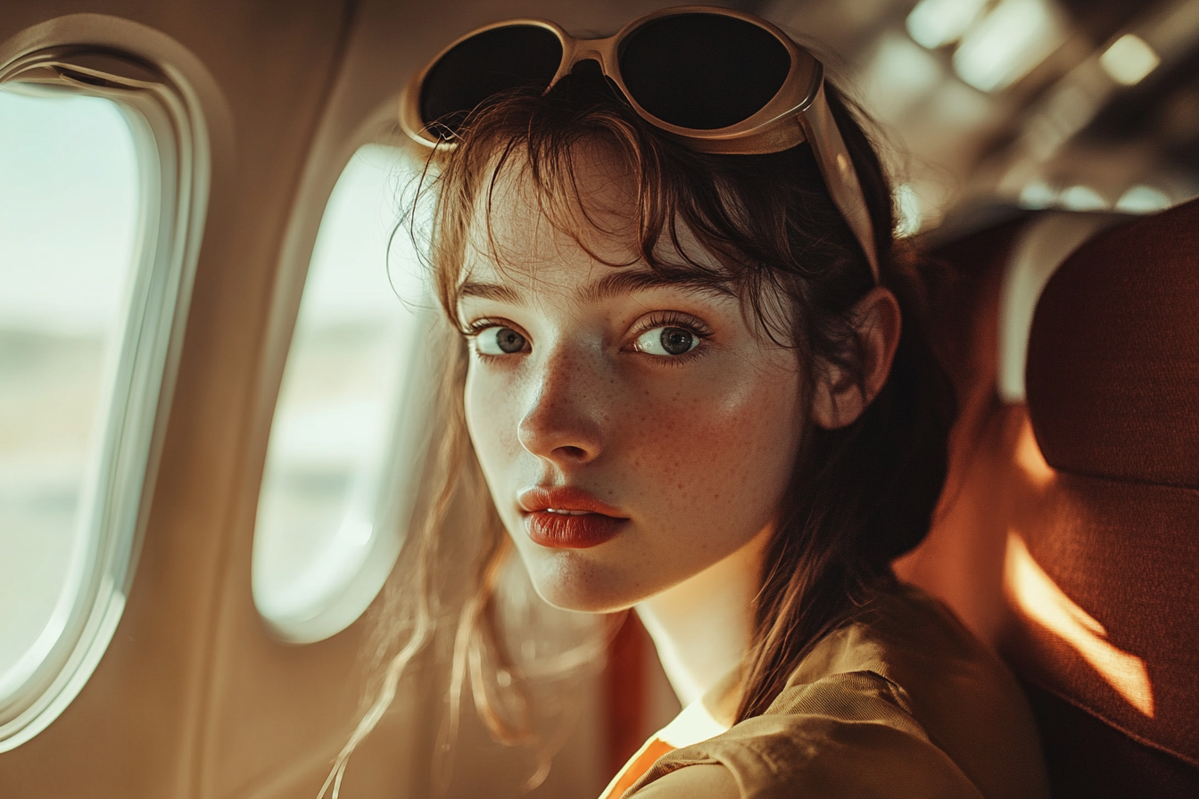 Eine junge Frau in einem Flugzeug | Quelle: Midjourney