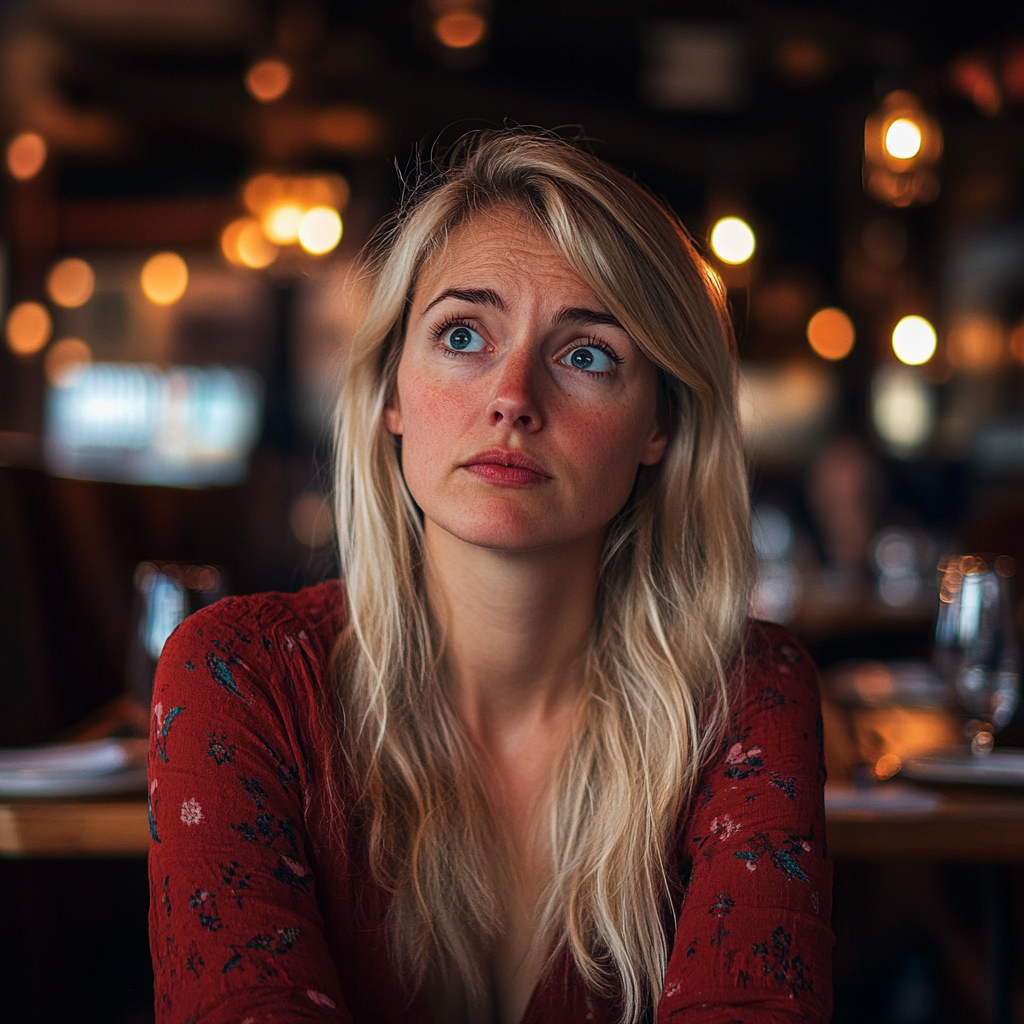 Eine traurige und überraschte Frau, die jemanden ansieht, während sie in einem gehobenen Restaurant sitzt | Quelle: Midjourney