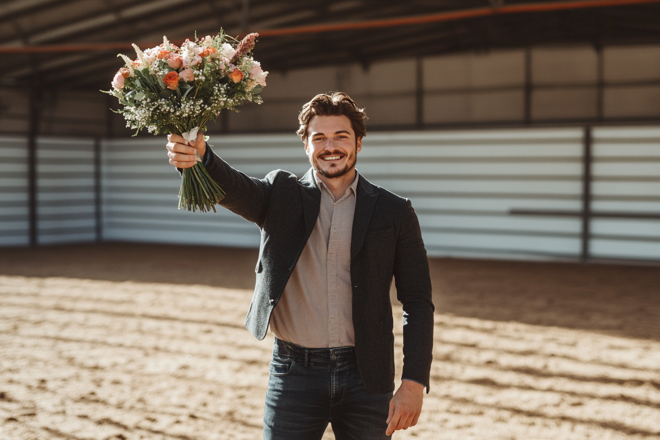 Ein Mann steht in einer Arena und hält einen Blumenstrauß hoch | Quelle: Midjourney