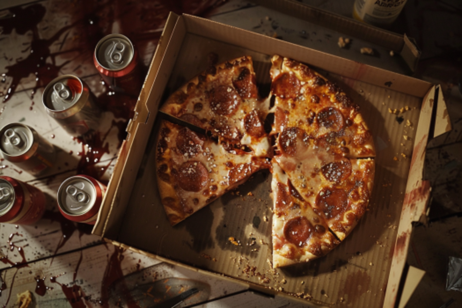 Pizzareste und Bierdosen in einem unordentlichen Zimmer | Quelle: Midjourney