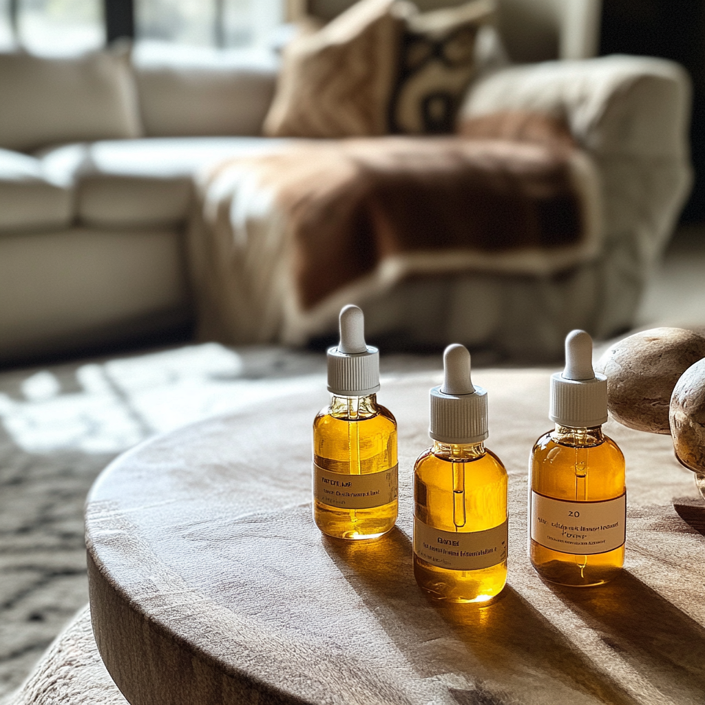 Flaschen mit Serum auf einem Couchtisch | Quelle: Midjourney