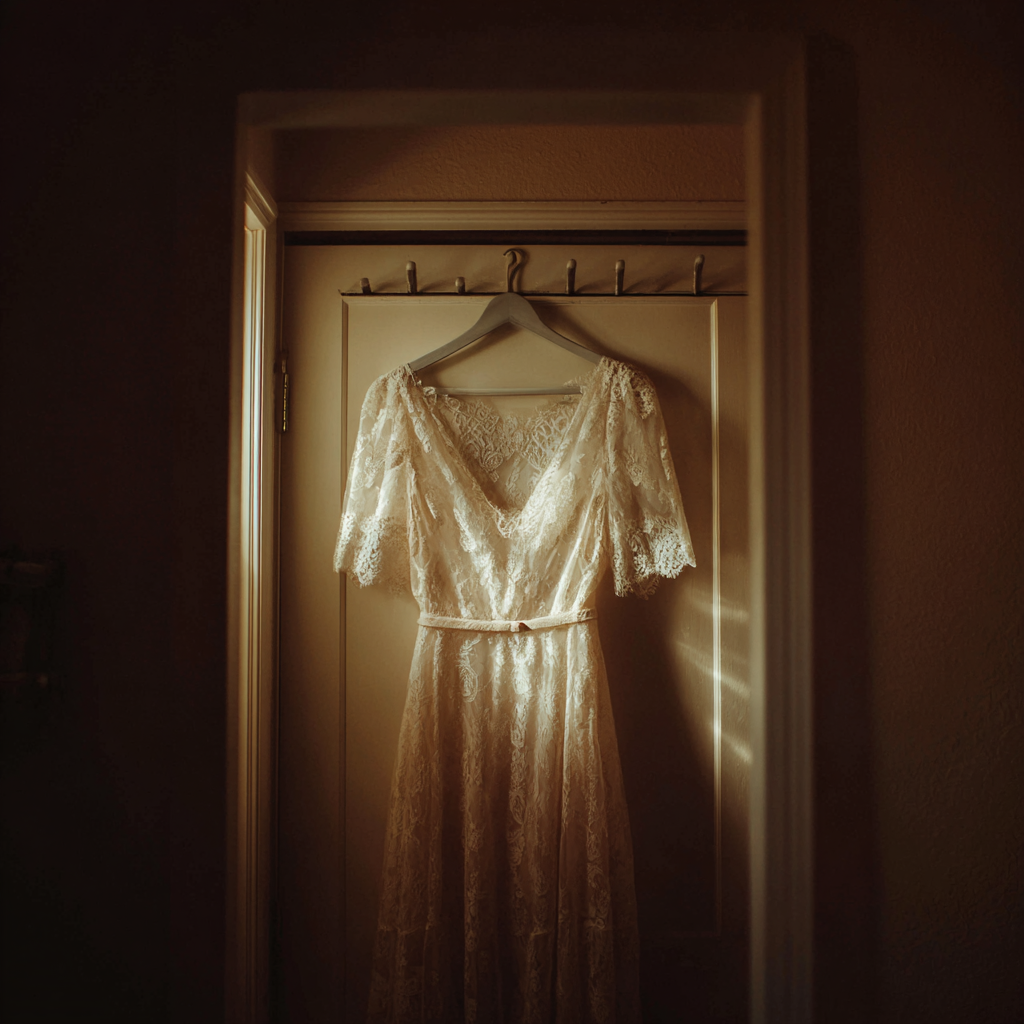 Ein Hochzeitskleid, das an einer Tür hängt | Quelle: Midjourney
