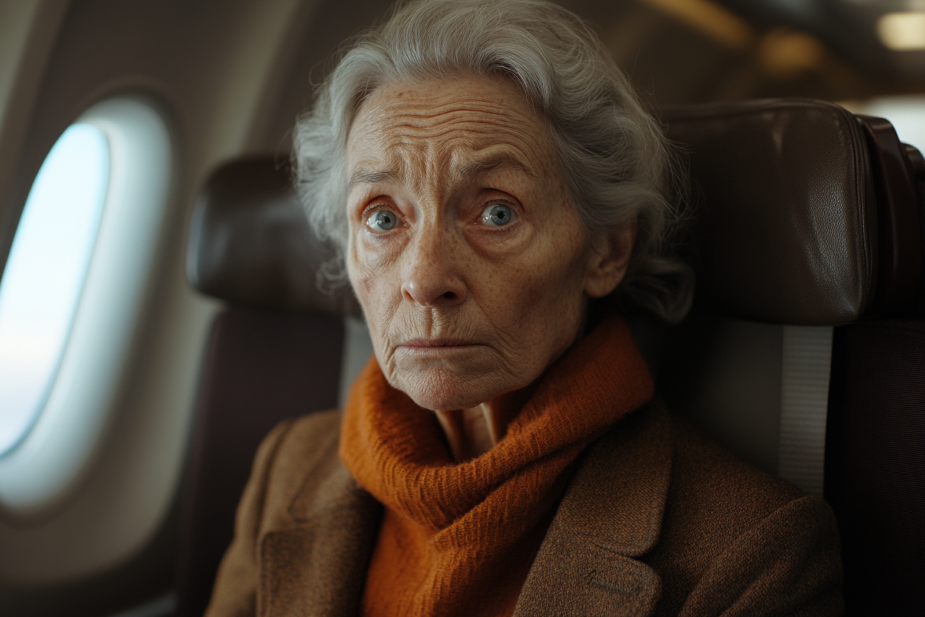 Eine ältere Frau sitzt in einem Flugzeugsitz | Quelle: Midjourney