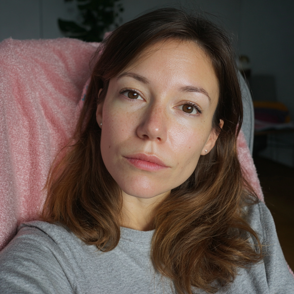 Eine Nahaufnahme einer Frau, die in einem Sessel sitzt | Quelle: Midjourney