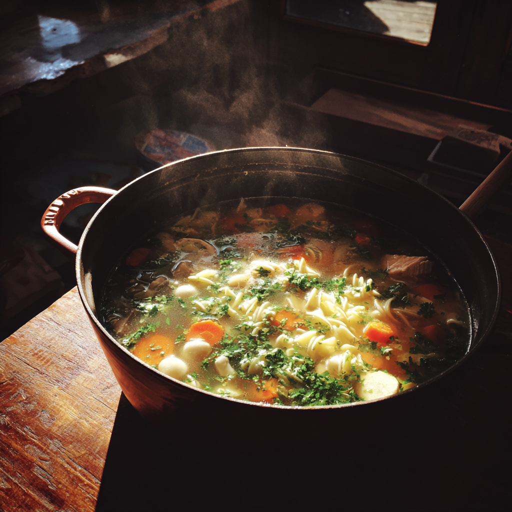Ein Topf mit Hühner-Nudelsuppe | Quelle: Midjourney