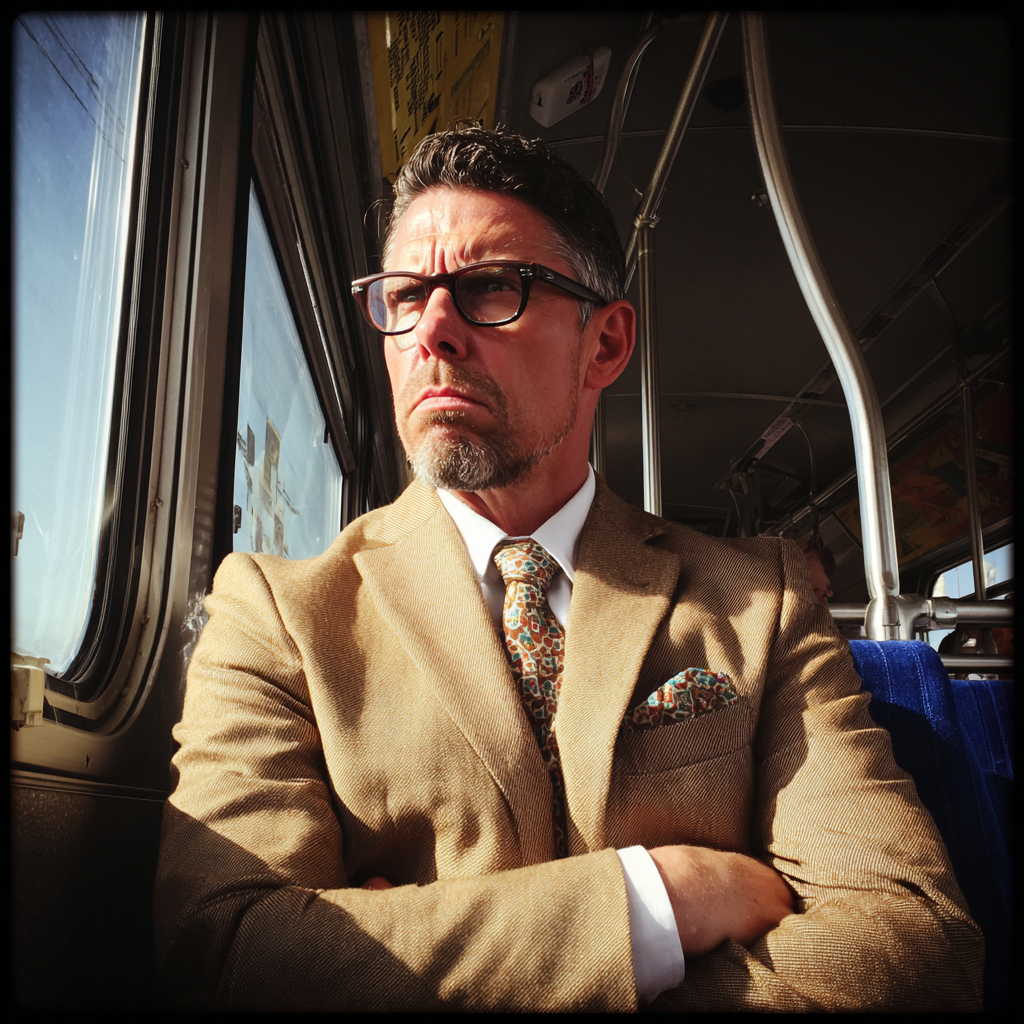 Ein mürrischer Mann sitzt in einem Bus | Quelle: Midjourney