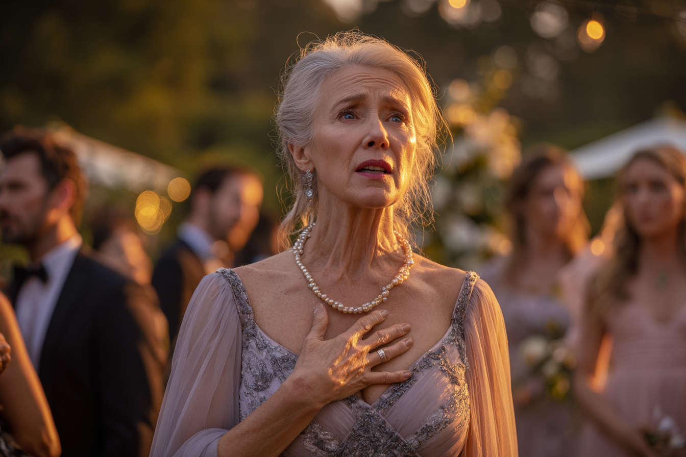 Eine ältere Frau, die mit der Hand auf der Brust steht | Quelle: Midjourney