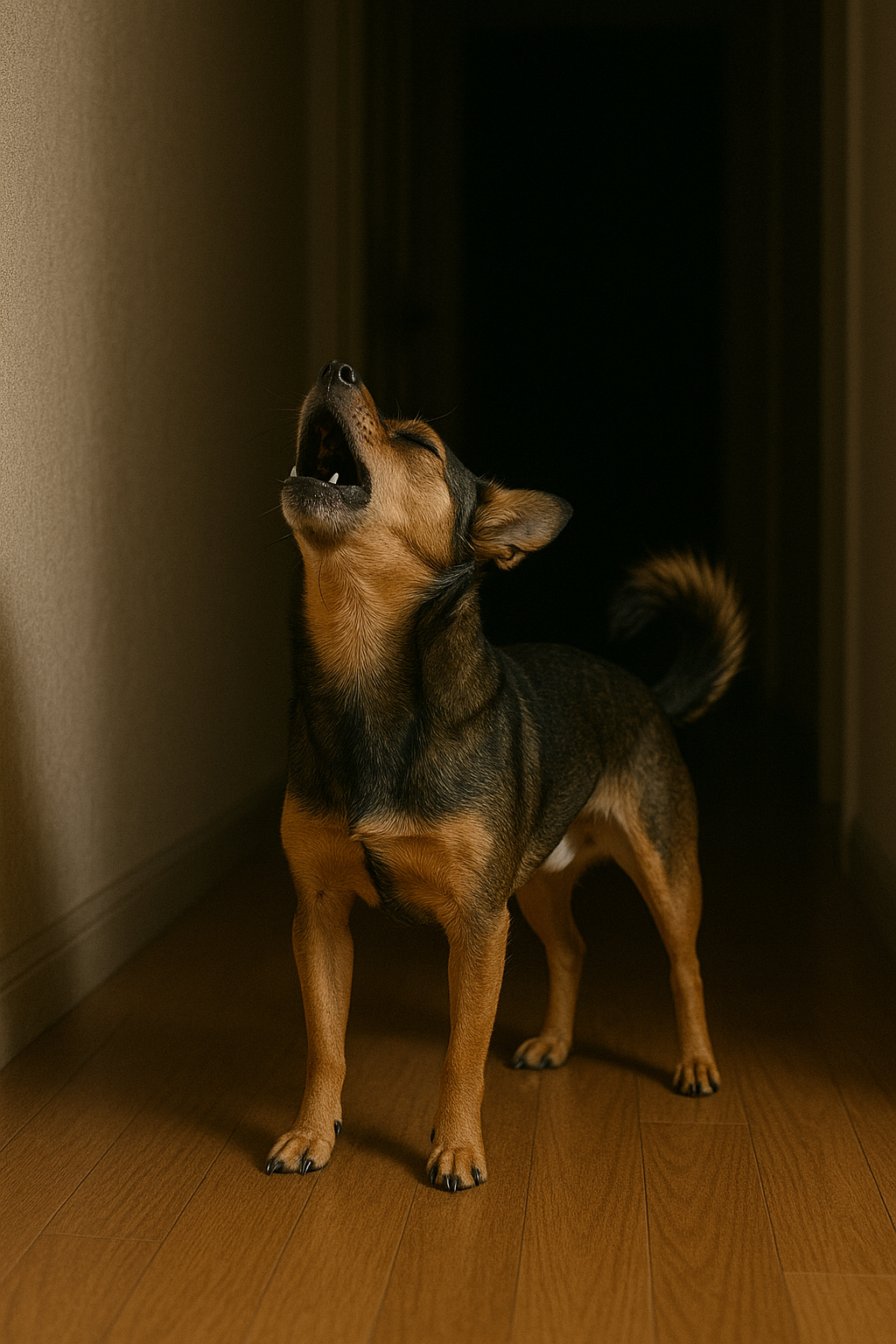 Ein Hund heult nachts in einem Flur | Quelle: DALL-E