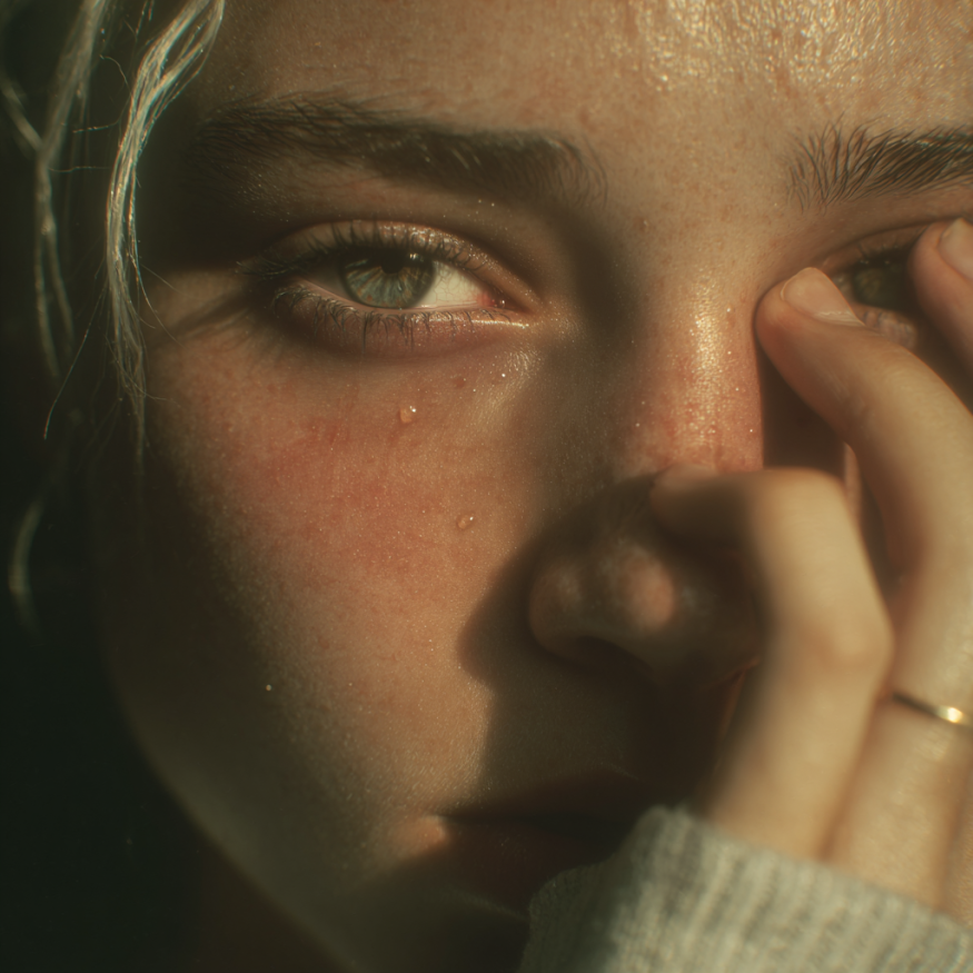 Eine Frau, die ihre Tränen zurückhält | Quelle: Midjourney