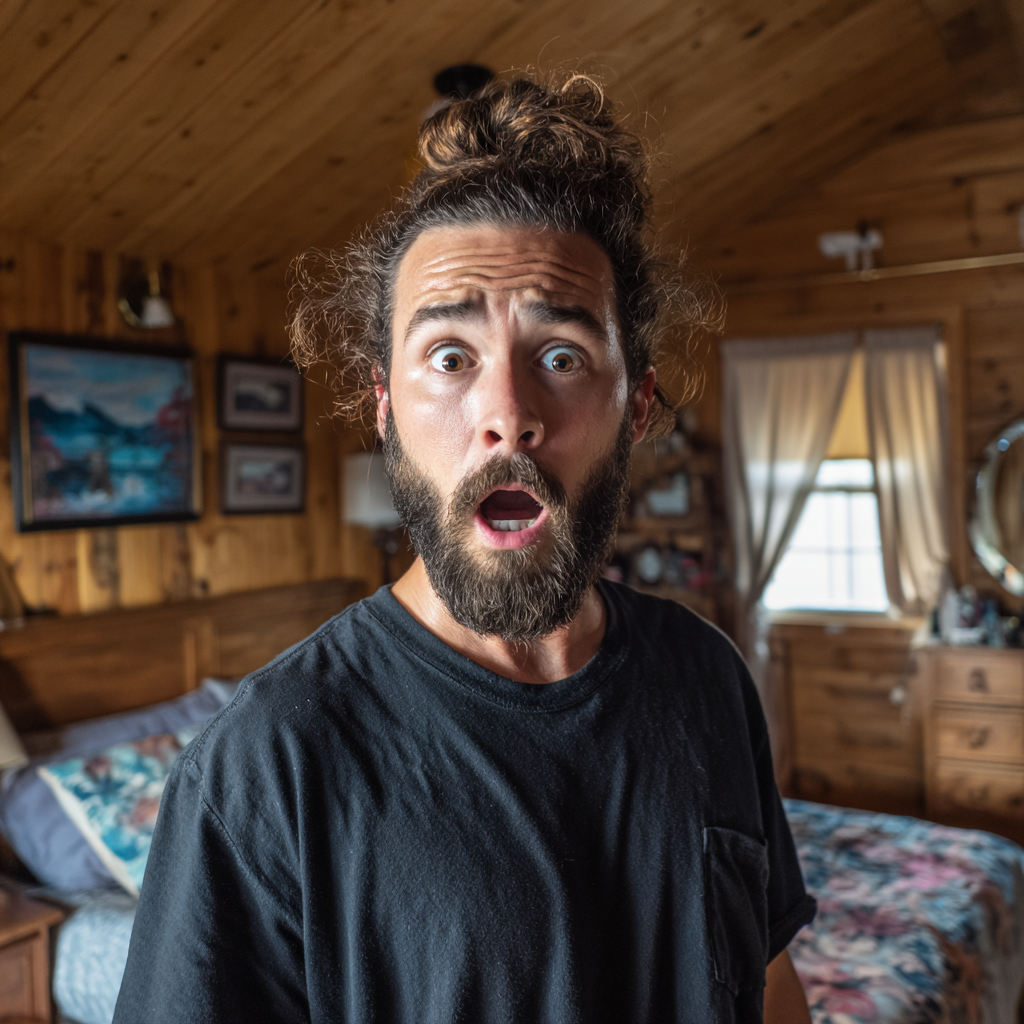 Ein schockierter Mann in einem Hüttenzimmer | Quelle: Midjourney