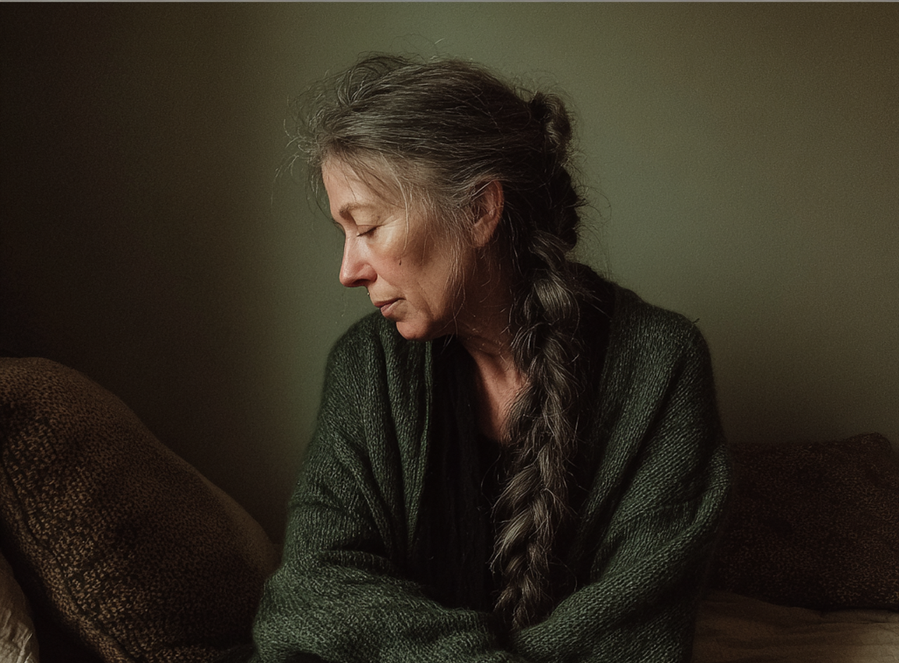 Eine müde alte Frau, die auf einem Bett sitzt | Quelle: Midjourney