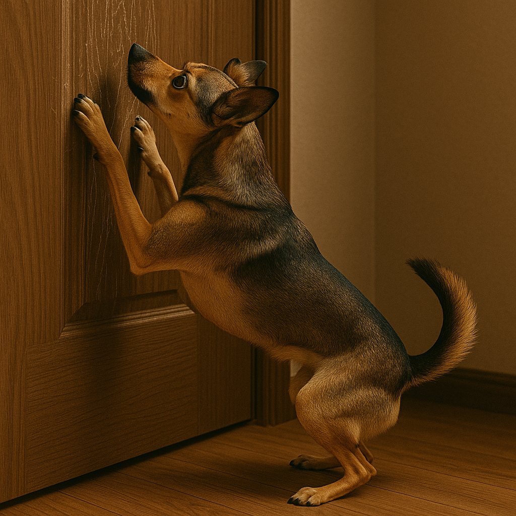 Ein Hund, der an einer Tür kratzt | Quelle: DALL-E