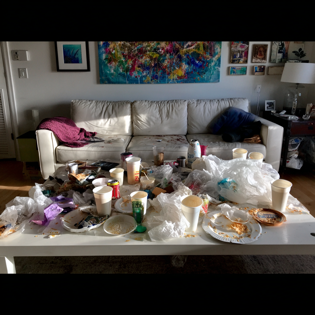 Ein mit Schmutz übersäter Couchtisch | Quelle: Midjourney