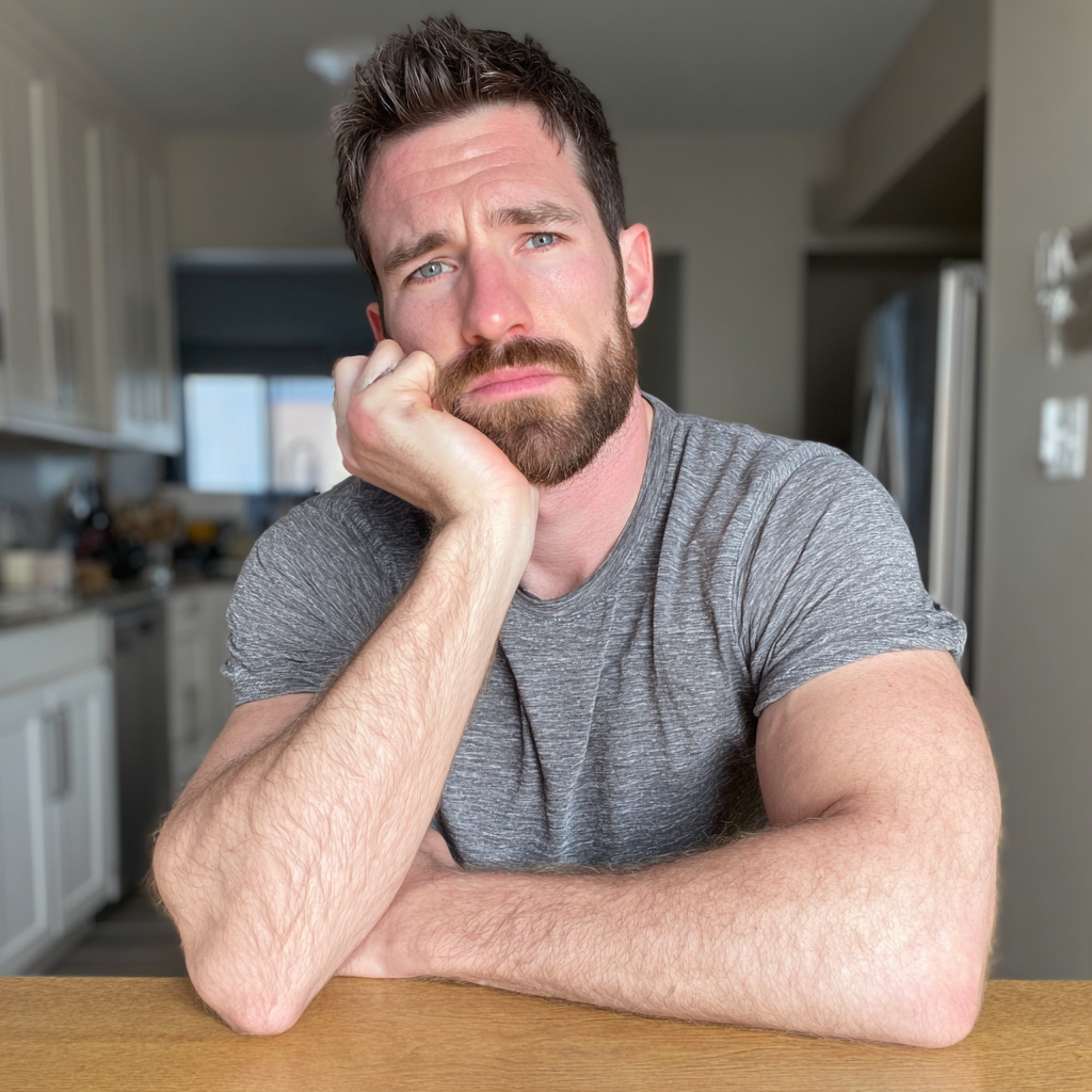 Ein nachdenklicher Mann sitzt an einem Küchentisch | Quelle: Midjourney