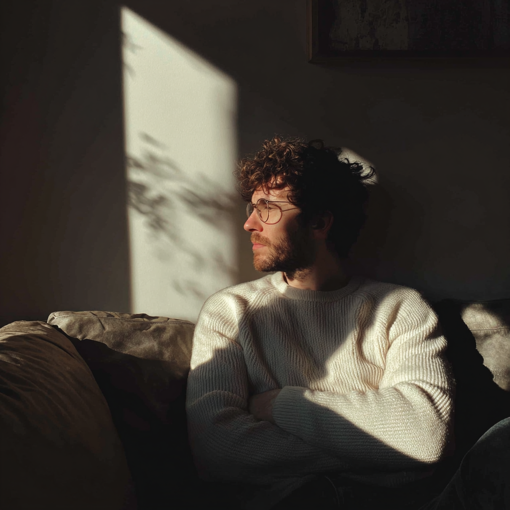 Ein Mann sitzt auf einer Couch | Quelle: Midjourney