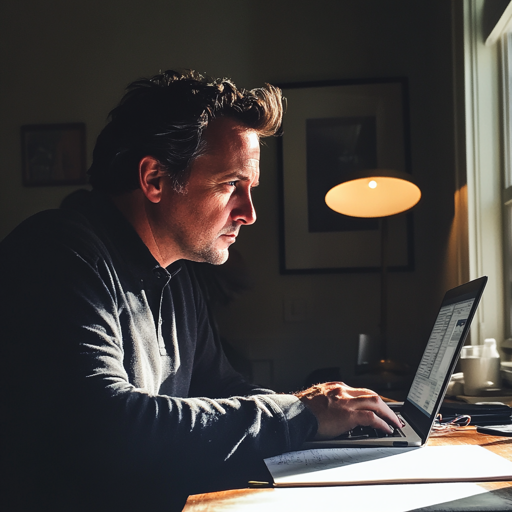 Ein Mann sitzt an seinem Laptop | Quelle: Midjourney