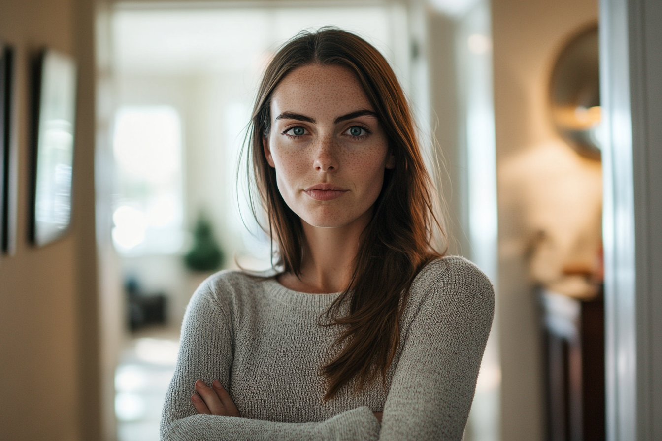 Eine entschlossene Frau steht in einem Flur | Quelle: Midjourney