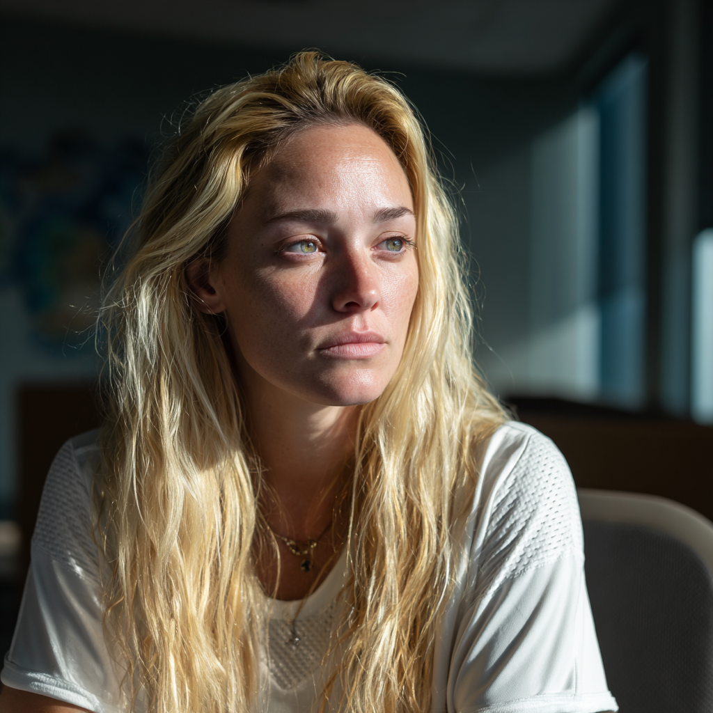 Eine nachdenkliche Frau, die in einem Büro sitzt | Quelle: Midjourney