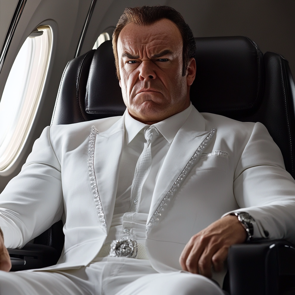 Ein stirnrunzelnder Mann, der in einem Flugzeug sitzt | Quelle: Midjourney