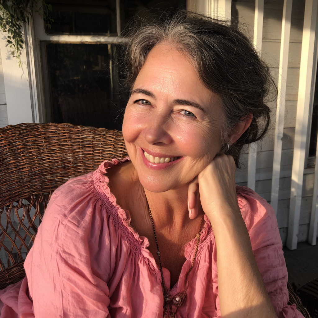 Eine lächelnde ältere Frau, die auf einer Veranda sitzt | Quelle: Midjourney