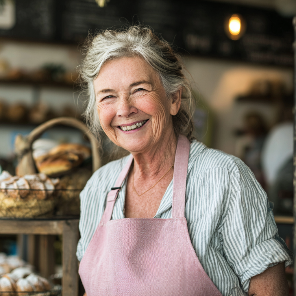 Eine lächelnde Oma in einer Bäckerei | Quelle: Midjourney