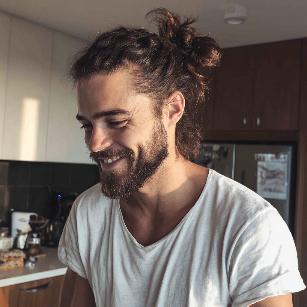 Ein lächelnder Mann, der in einer Küche steht | Quelle: Midjourney