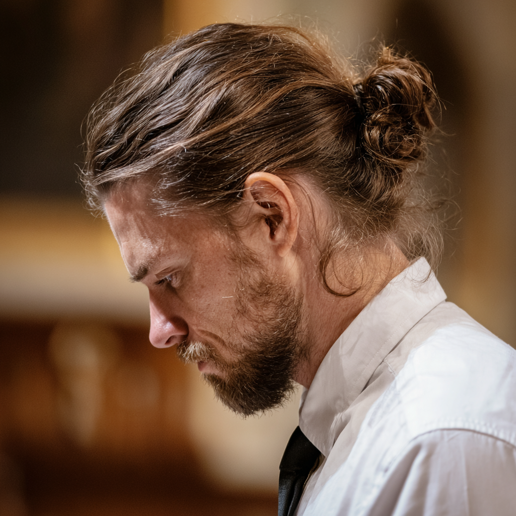 Ein Mann mit Krawatte steht in einer Kirche | Quelle: Midjourney
