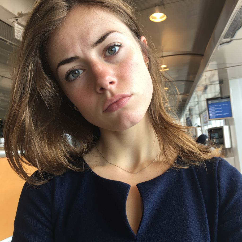 Eine Nahaufnahme einer aufgebrachten Frau in einem Flughafen | Quelle: Midjourney