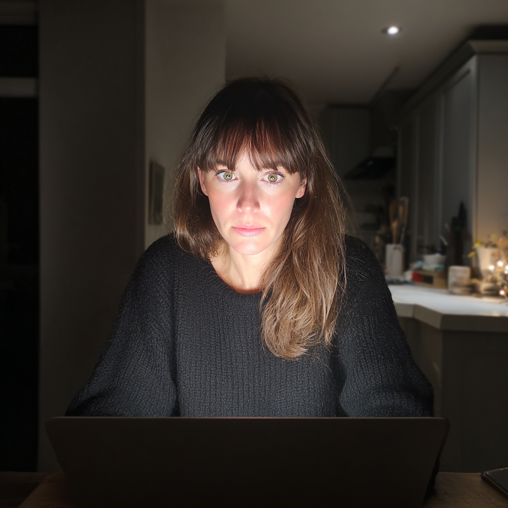 Eine geschockte Frau, die einen Laptop benutzt | Quelle: Midjourney