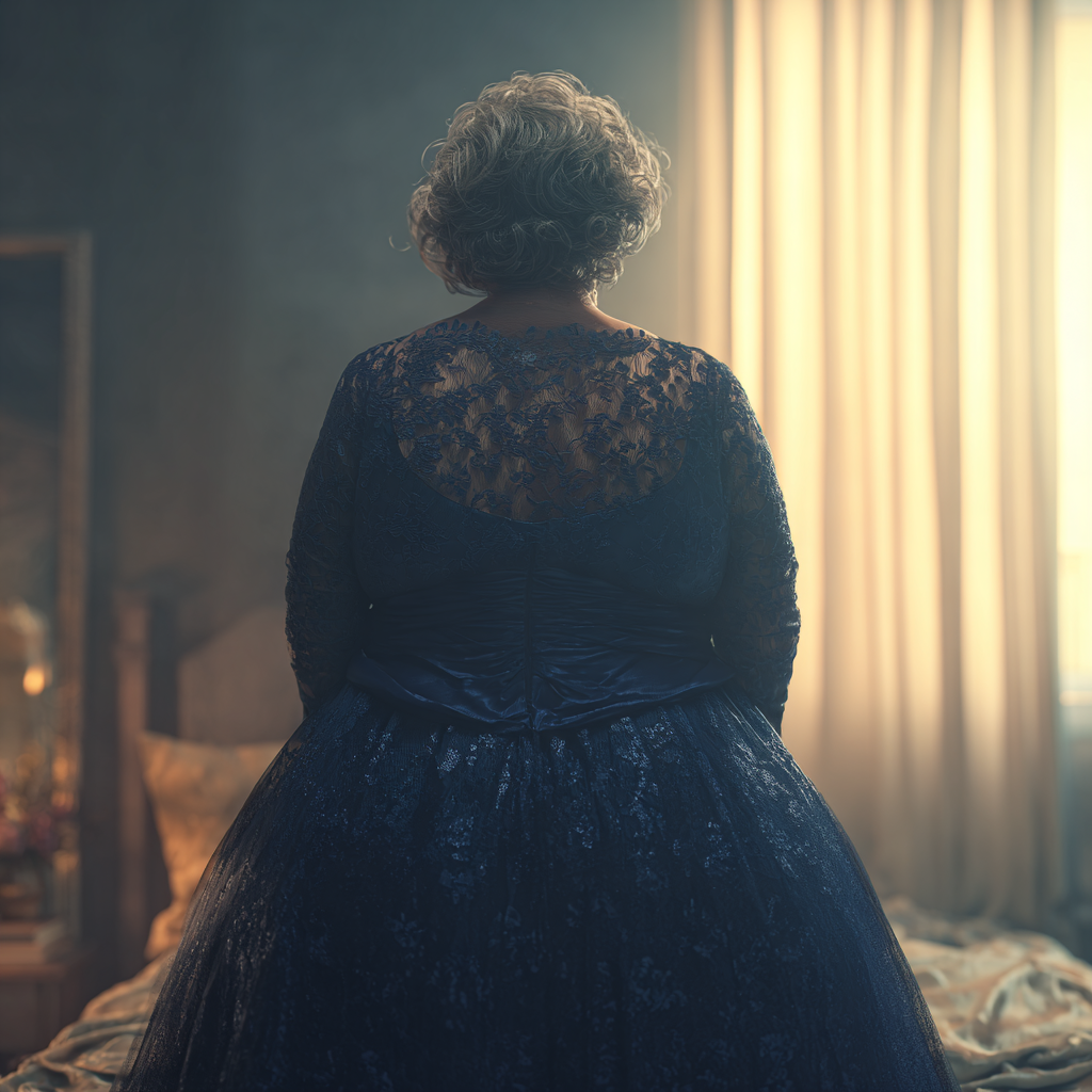 Eine ältere Frau trägt ein marineblaues Kleid | Quelle: Midjourney