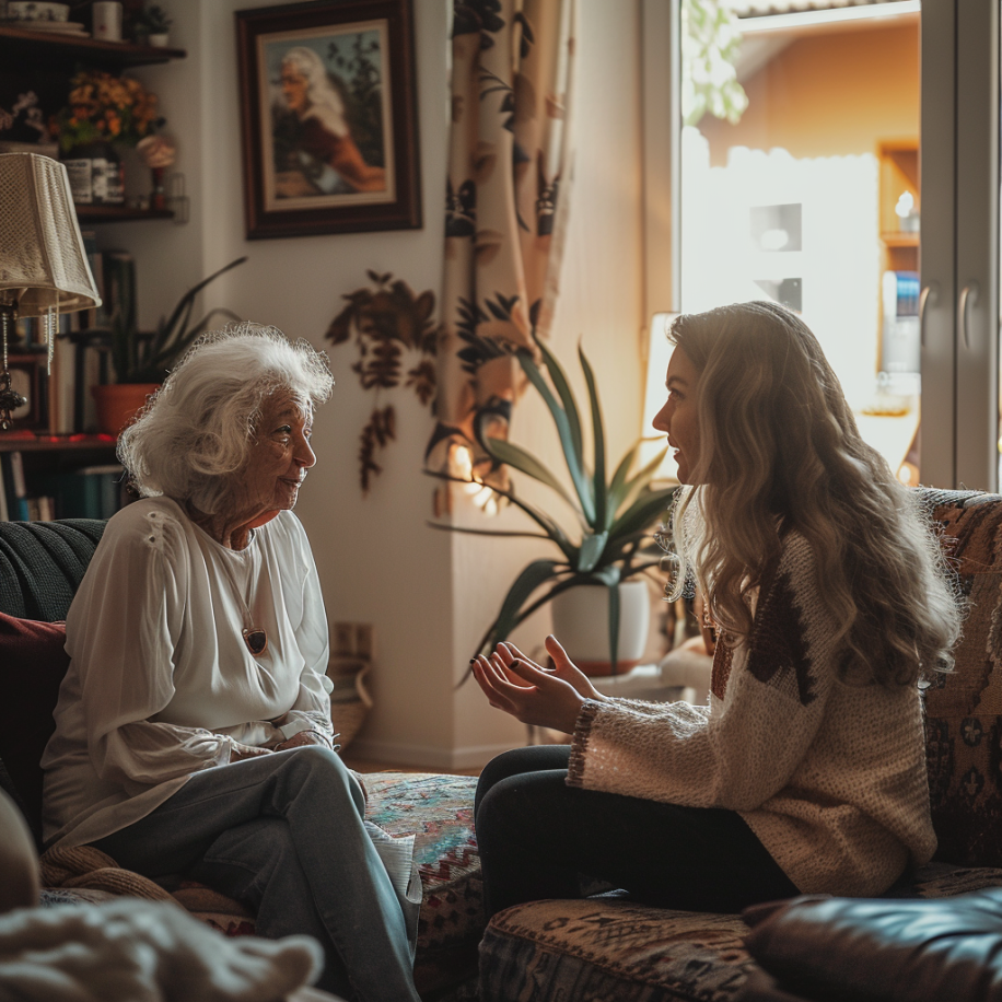 Eine Frau und ihre Großmutter unterhalten sich in ihrem Wohnzimmer | Quelle: Midjourney