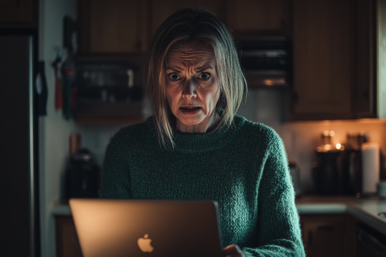 Eine ältere Frau in einer Küche, geschockt und verängstigt, während sie einen Laptop hält | Quelle: Midjourney