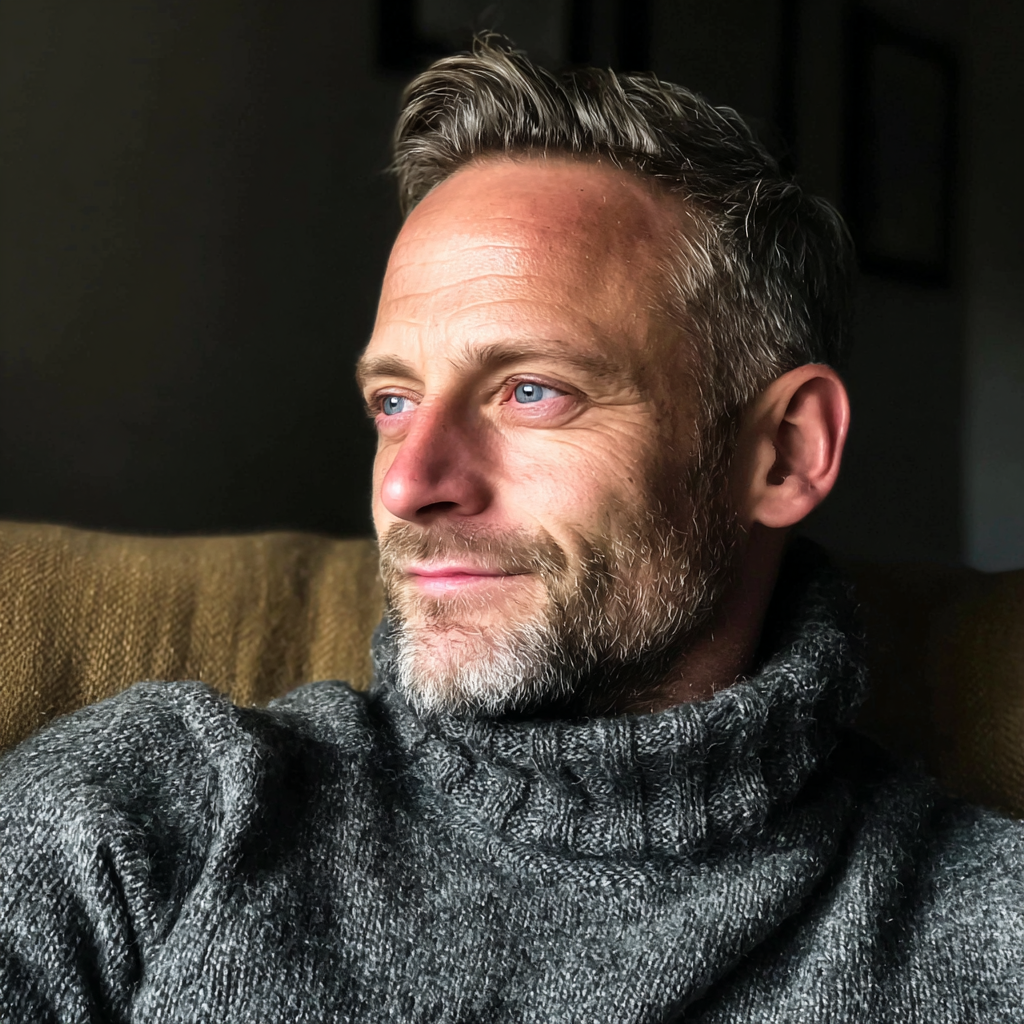 Ein lächelnder Mann, der auf einer Couch sitzt | Quelle: Midjourney
