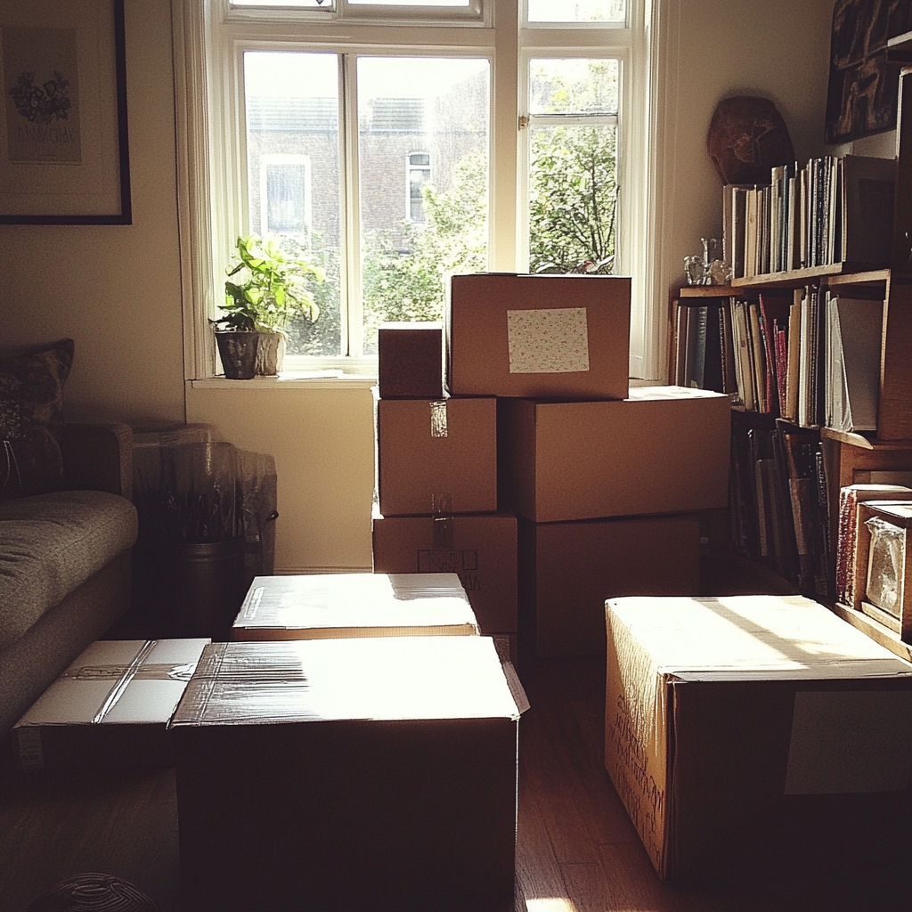 Pappkartons in einem Wohnzimmer | Quelle: Midjourney