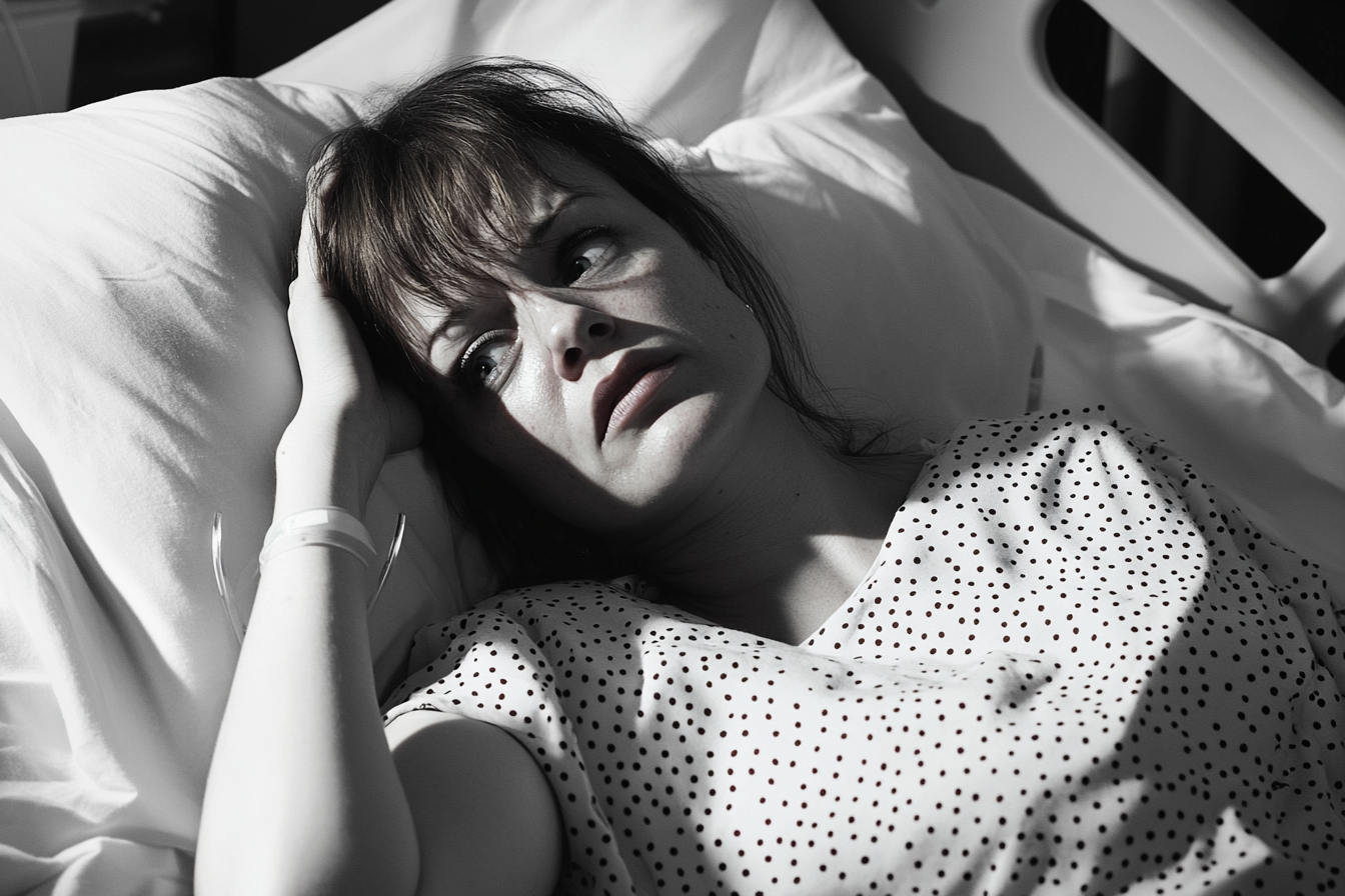 Eine Frau in einem Krankenhausbett starrt jemanden an | Quelle: Midjourney