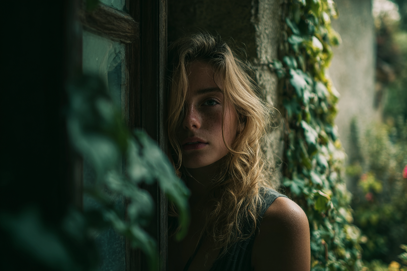 Eine Frau, die an einer Wand neben einem Fenster steht | Quelle: Midjourney