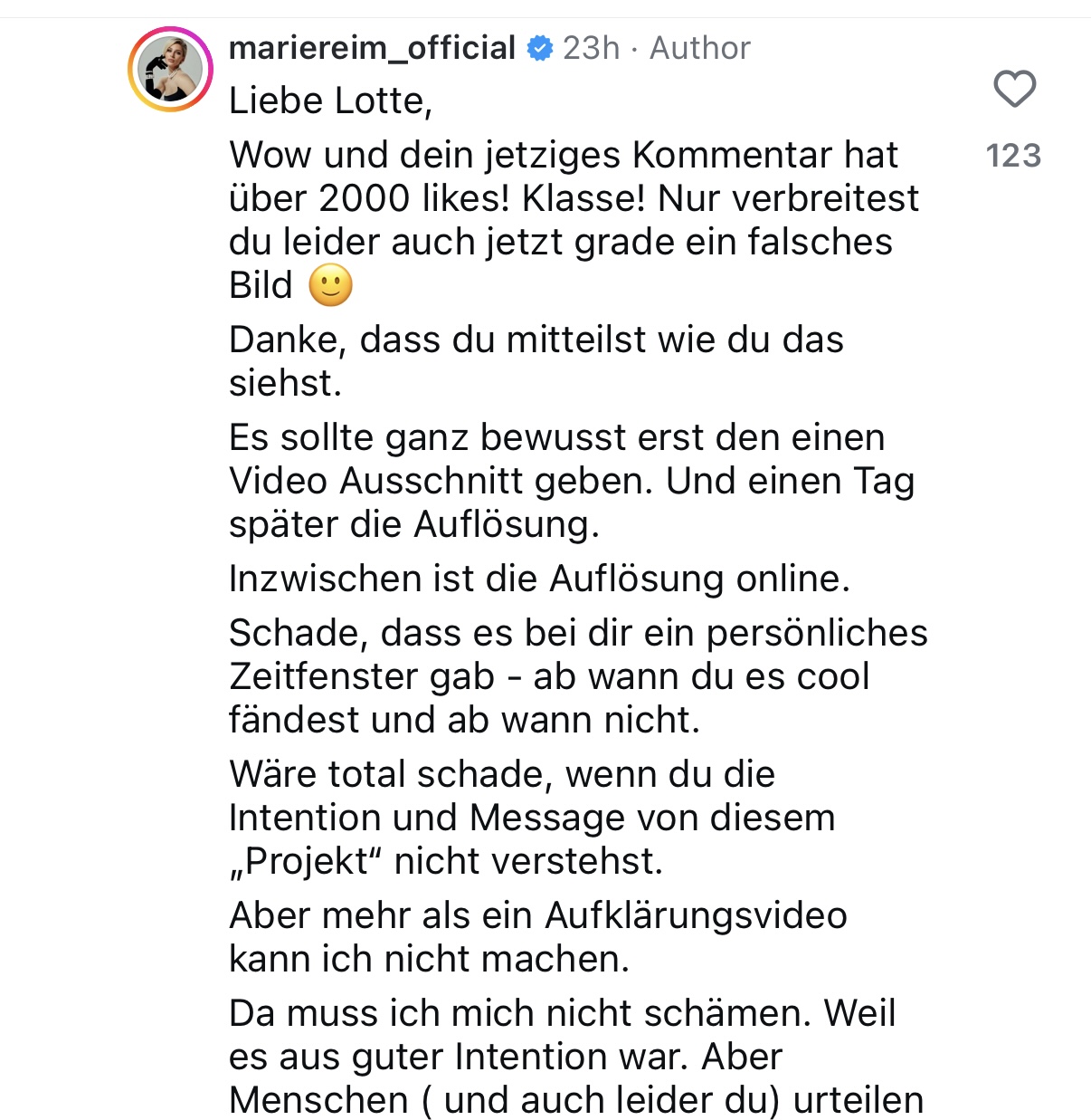 Erklärung von Marie Reim | Quelle: Instagram/mariereim_official