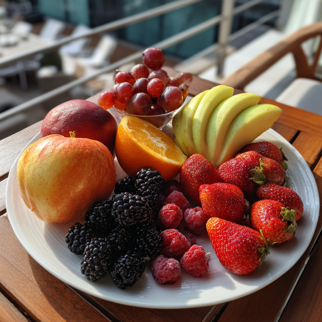 Ein Teller mit Obst auf einem Tisch | Quelle: Midjourney