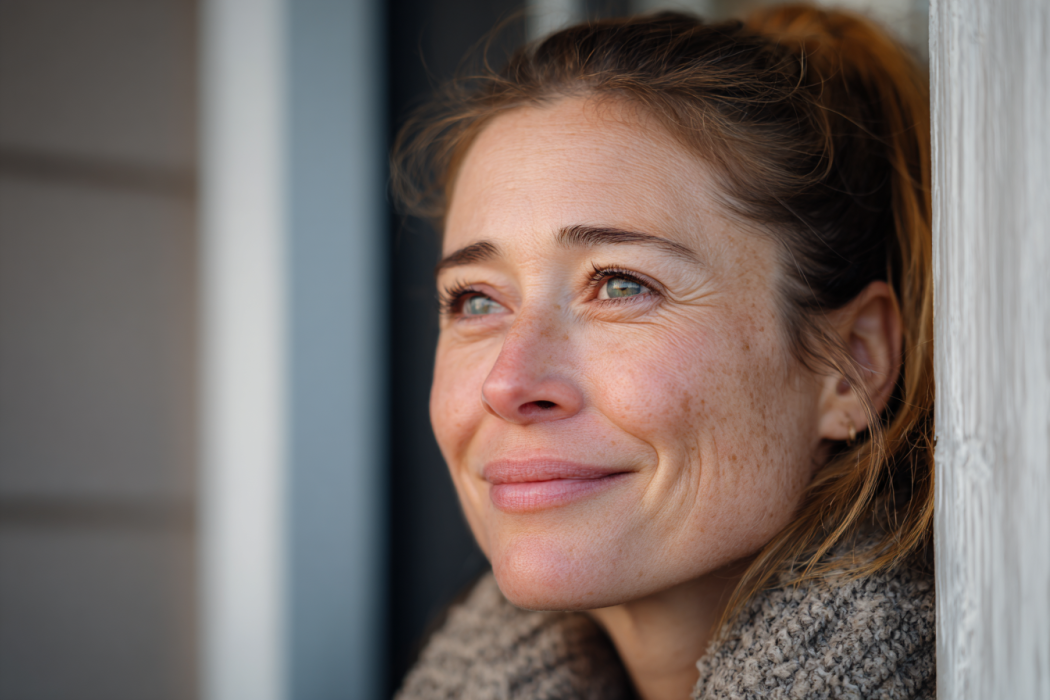 Eine aufgewühlte Frau, die auf der Türschwelle eines Hauses steht | Quelle: Midjourney