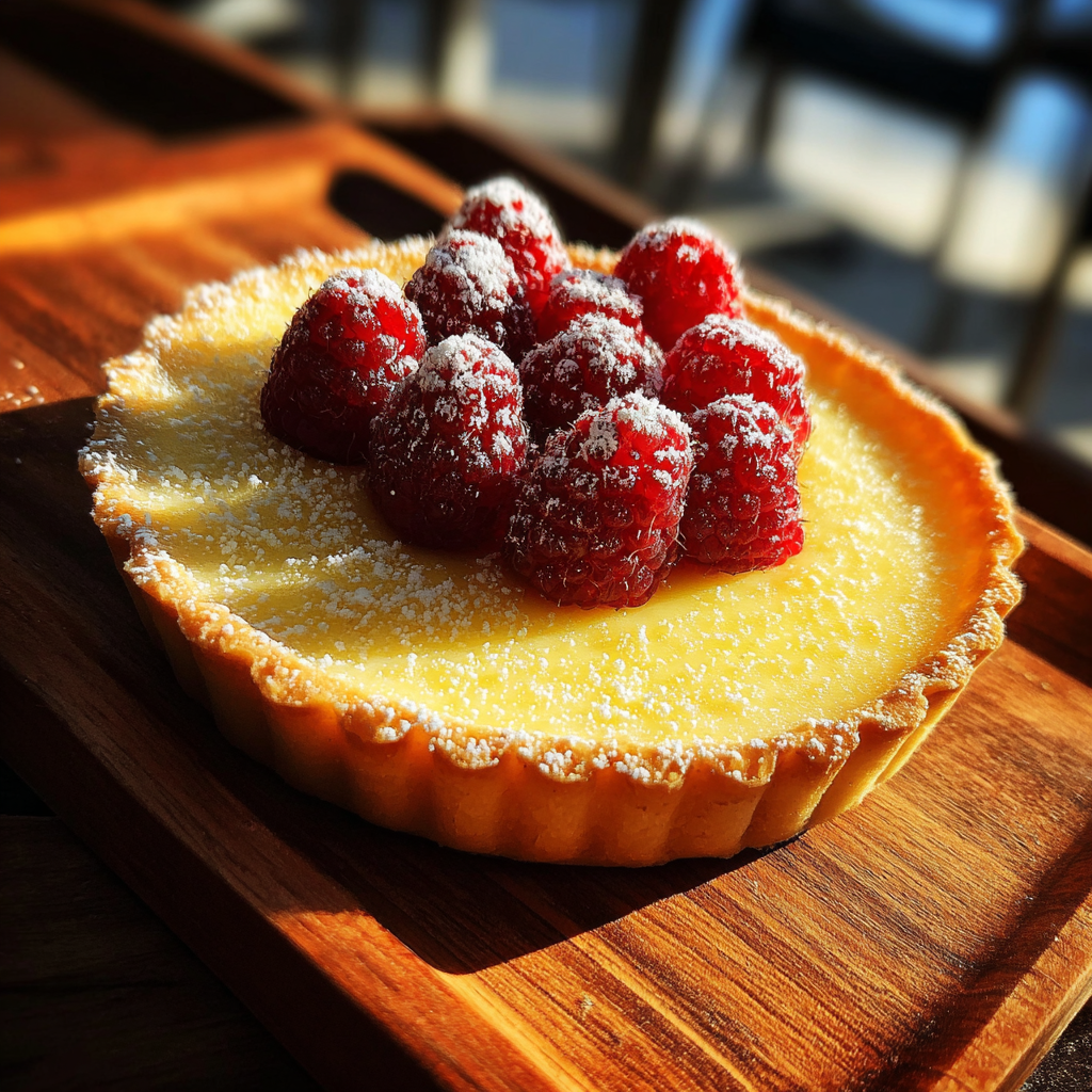Eine Zitronentarte mit gezuckerten Himbeeren auf einem Holztablett | Quelle: Midjourney