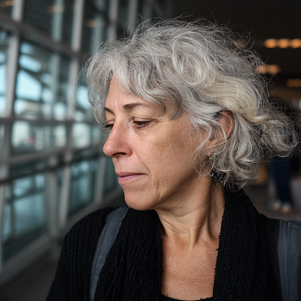 Eine ältere Frau steht in einem Flughafen und trägt eine schwarze Strickjacke | Quelle: Midjourney