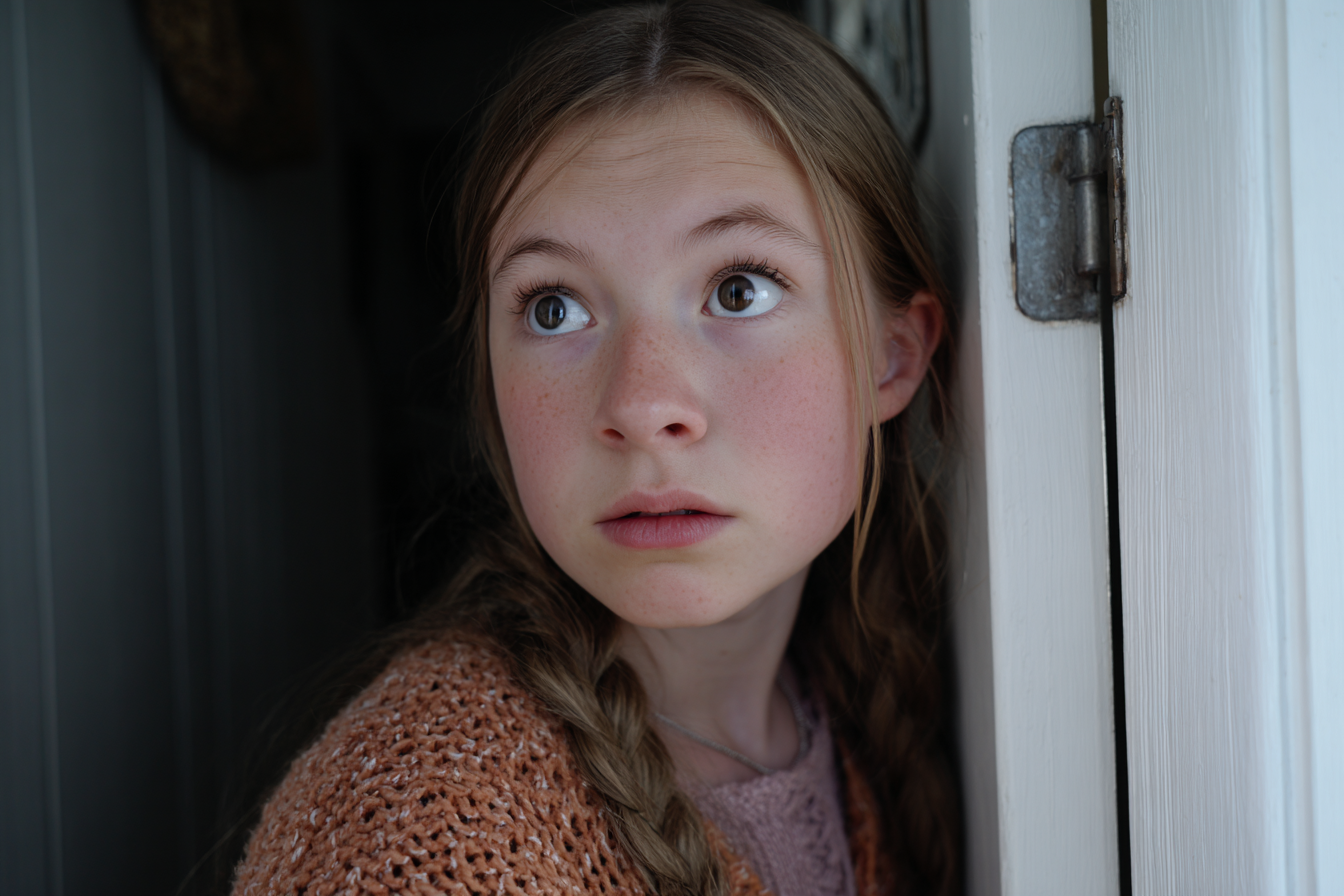 Ein Mädchen, das neben einer Tür steht | Quelle: Midjourney