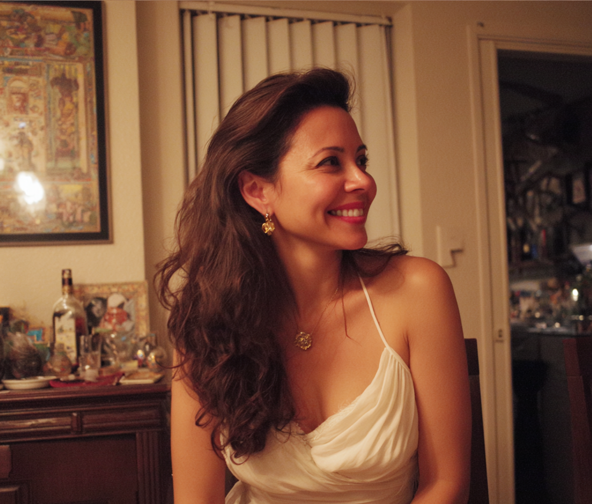 Eine amüsierte Frau, die an einem Tisch sitzt | Quelle: Midjourney